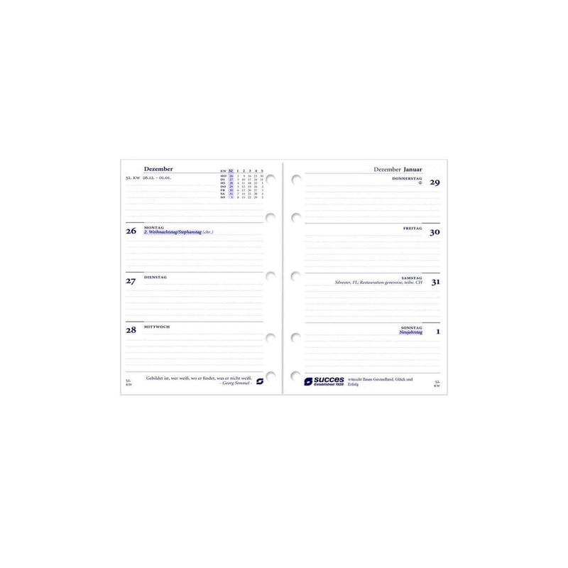 2026 Mini Kalendereinlage 1 Woche/2 Seiten Weiß Deutsch